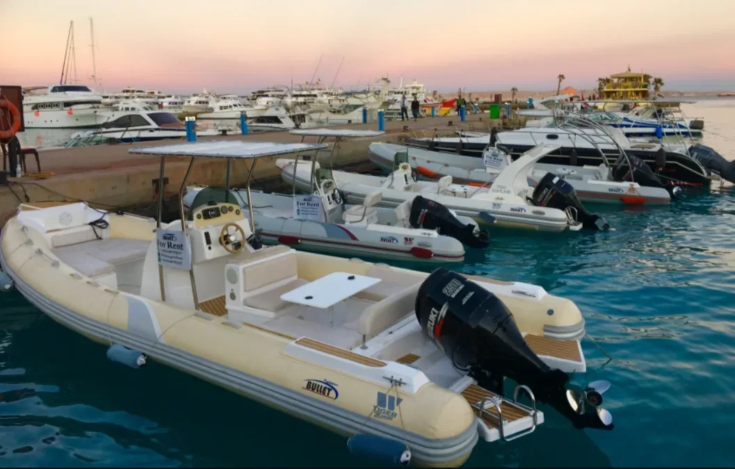 Bullet-branded rental speedboats moored at Hurghada Marina at dusk.