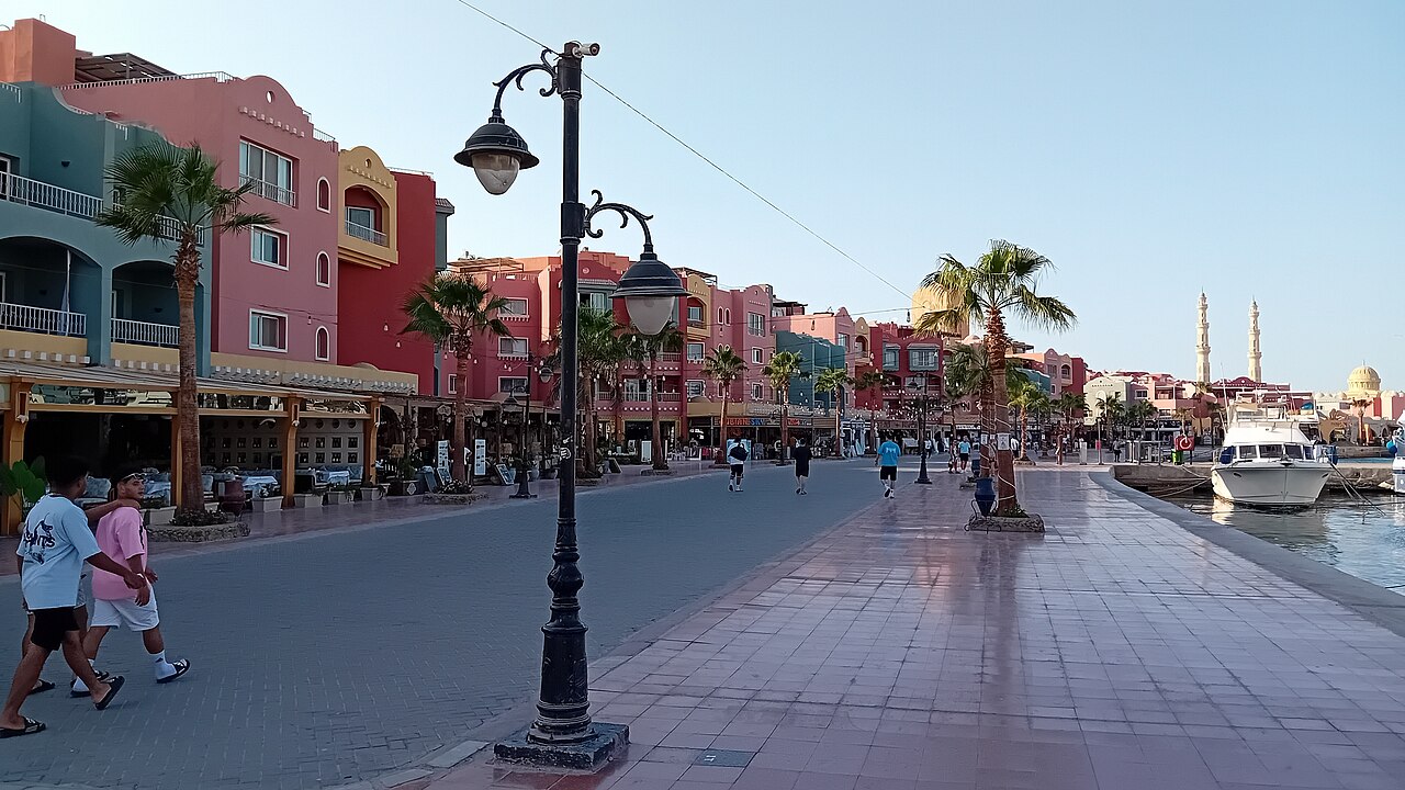 Hurghada Marina promenade, waterfront restaurants and yachts