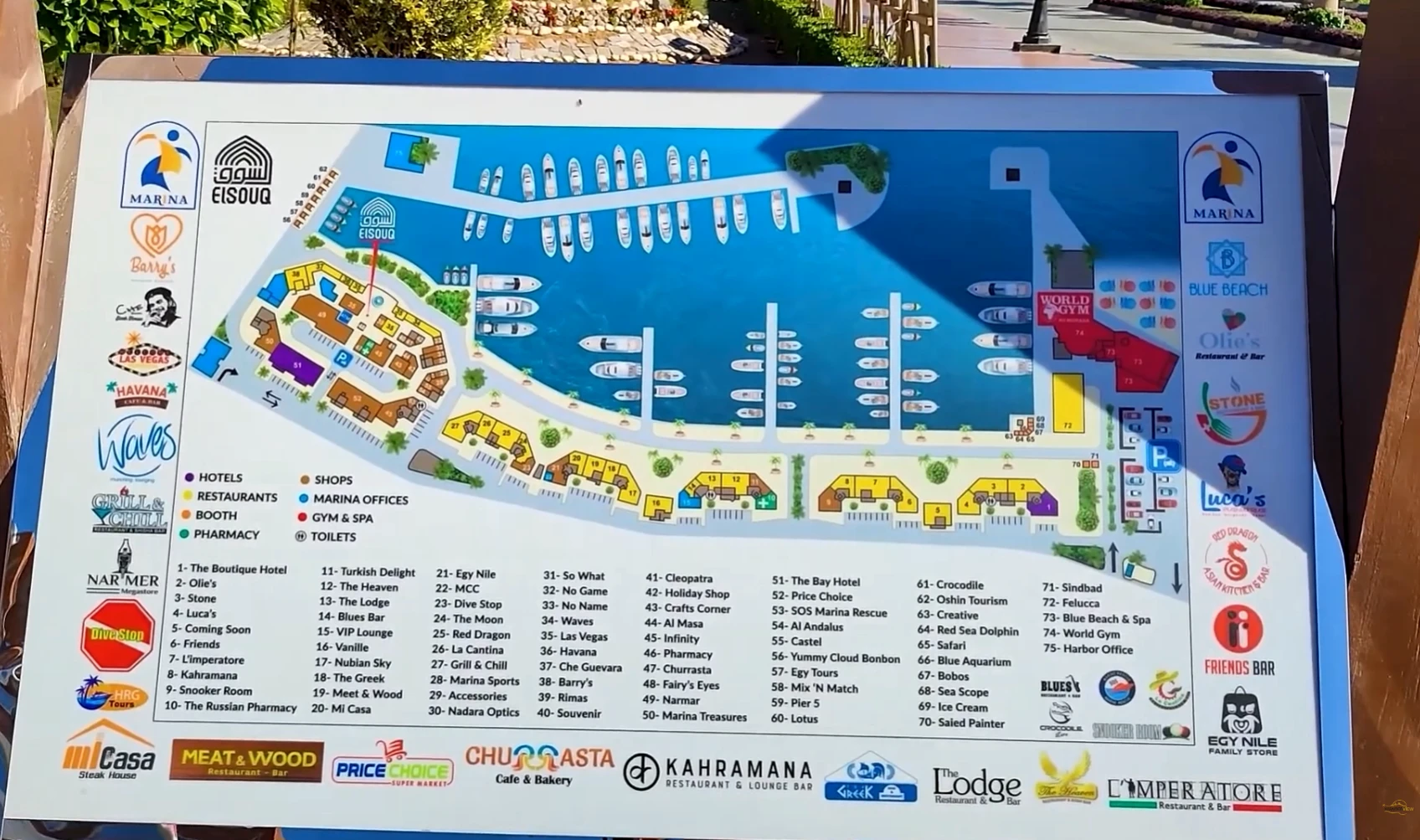 Numbered directory map of Hurghada Marina