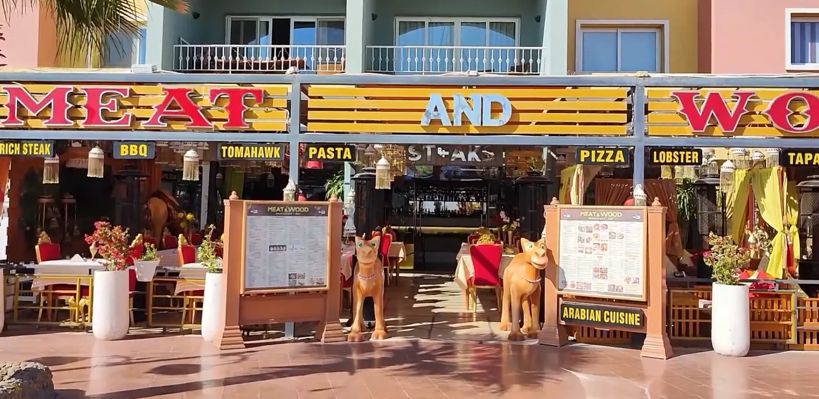 Meat and Wood restaurant entrance at Hurghada Marina.